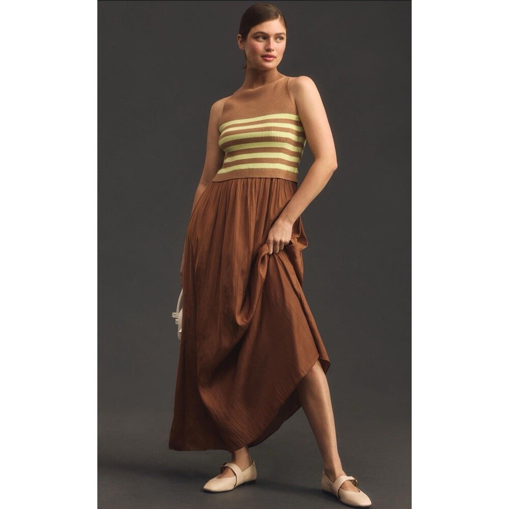 Anthropologie Sweater Dress Maxi Thea Twofer L Brown Stripe Preppy Size XL NWT
